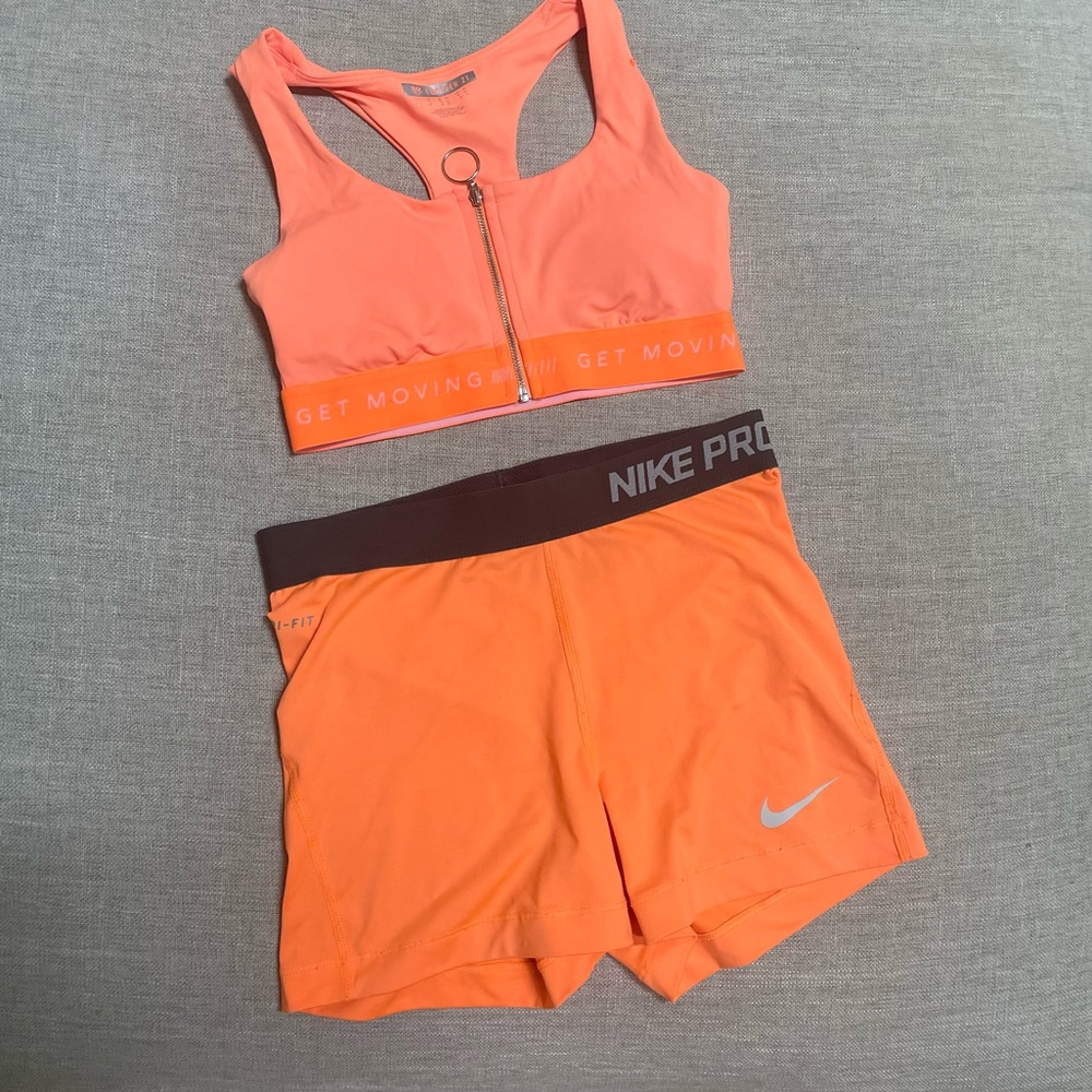 Nike Pro neon orange dri-fit compression shorts w/bonus sports bra!